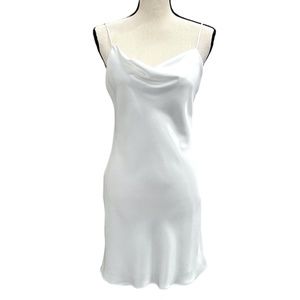 HEMLINE WHITE SATIN COWL NECK SPAGHETTI STRAP MINI DRESS